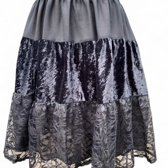 Whimsigoth Grunge Goth Festival Black Velvet Lace Coquette Girly Midi Skirt - Picture 5 of 5